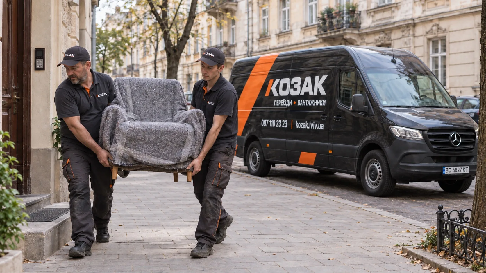 Вантажники Козака переносять запаковане крісло біля нашого буса